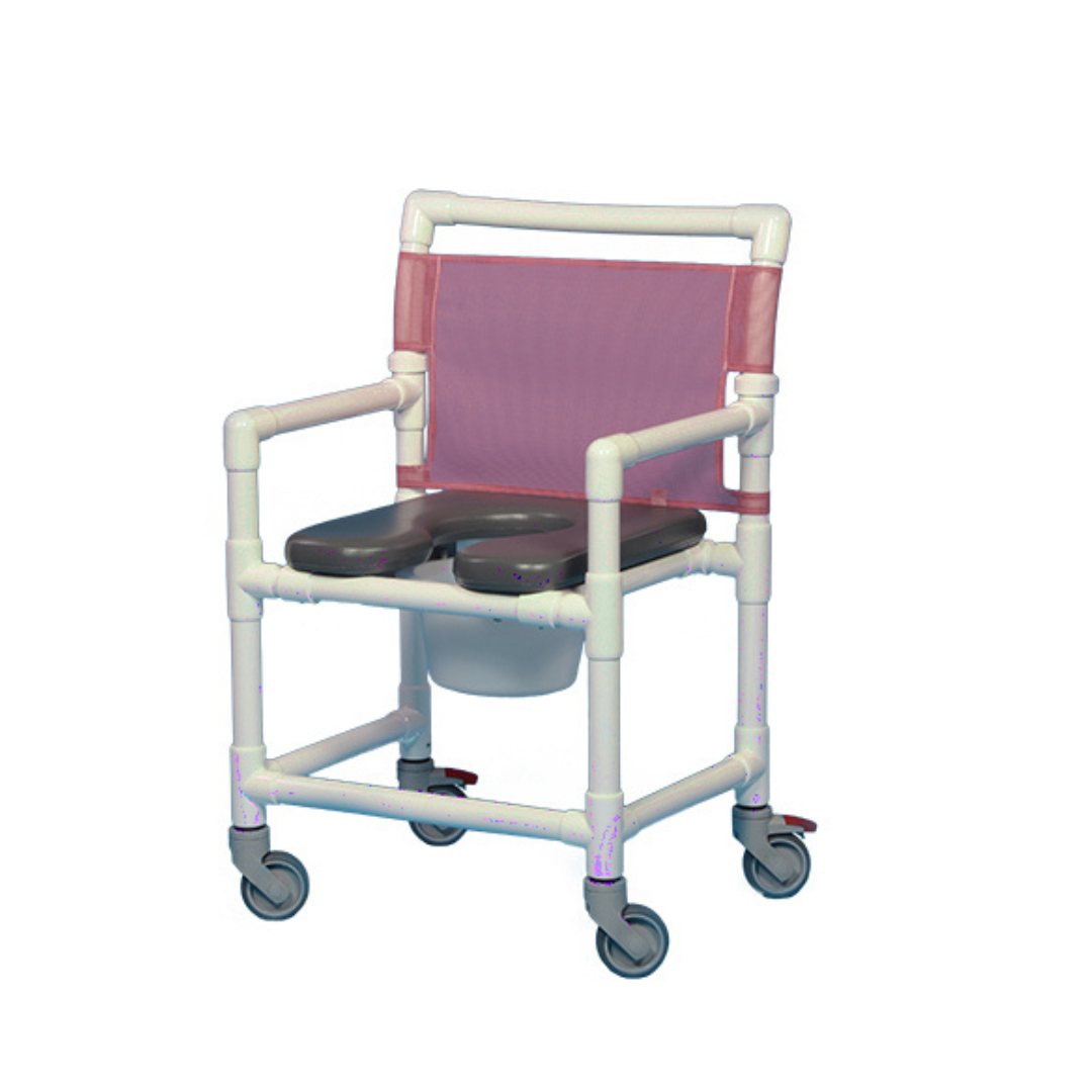 The IPU Midsize PVC Shower Chair Commode with Open Front Soft Seat features white and pink colors, armrests, a padded open-front seat, backrest, and four wheels for mobility—see the spec table for specifications and dimensions.